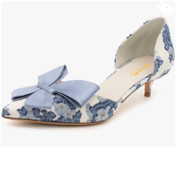 XYD Blue Bloom Embroidery D'Orsay Kitten Heel Bridal Bowknot Pump Point Toe Shoe - Picture 1 of 8